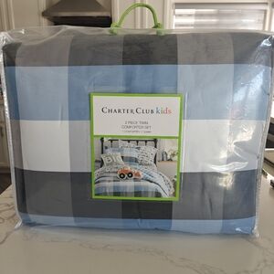 Charter Club Kids Gingham 3-Pc. Comforter Set Blue Twin - NWT